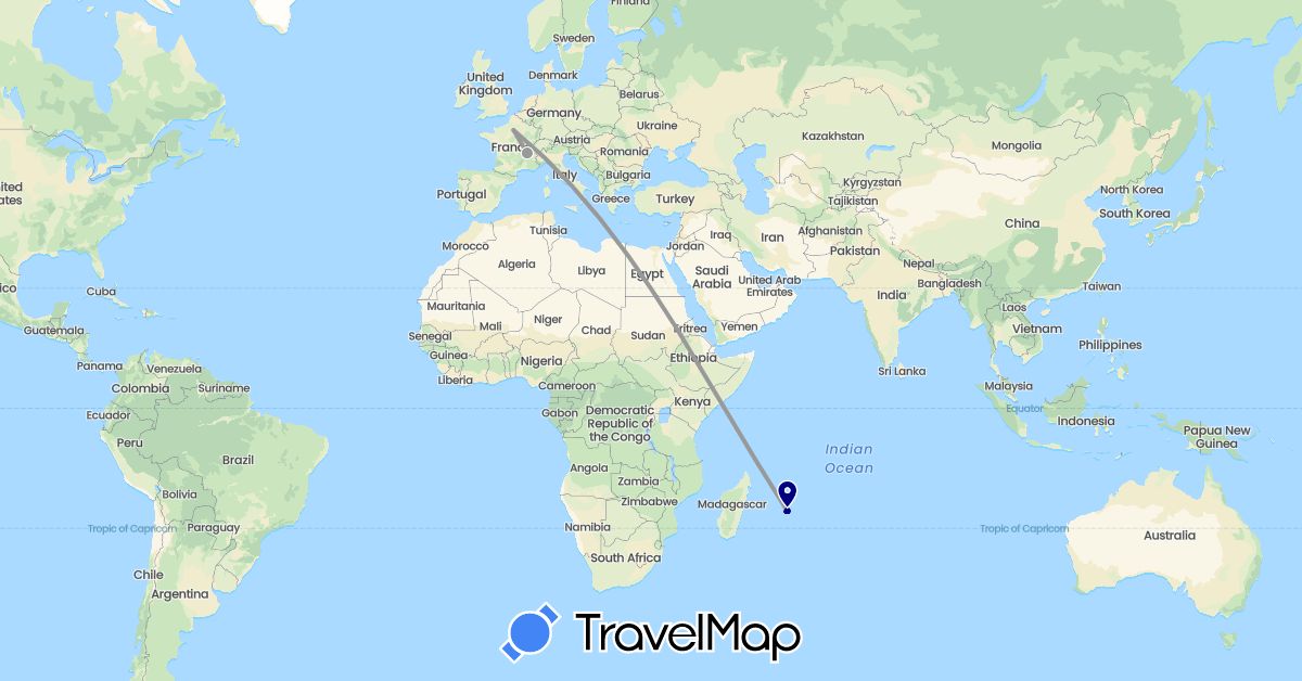 TravelMap itinerary: driving, plane, hiking, boat in France, Mauritius (Africa, Europe)